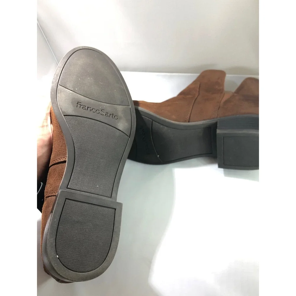 Franco Sarto Bernie Brown Suede Ankle Boots Side Cutout Block Heel Mens 9M
